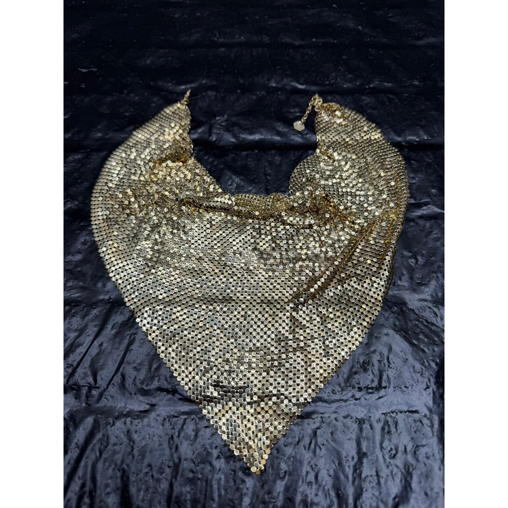 Vintage Gold-Tone Metal Mesh Bib Bandana Scarf Necklace